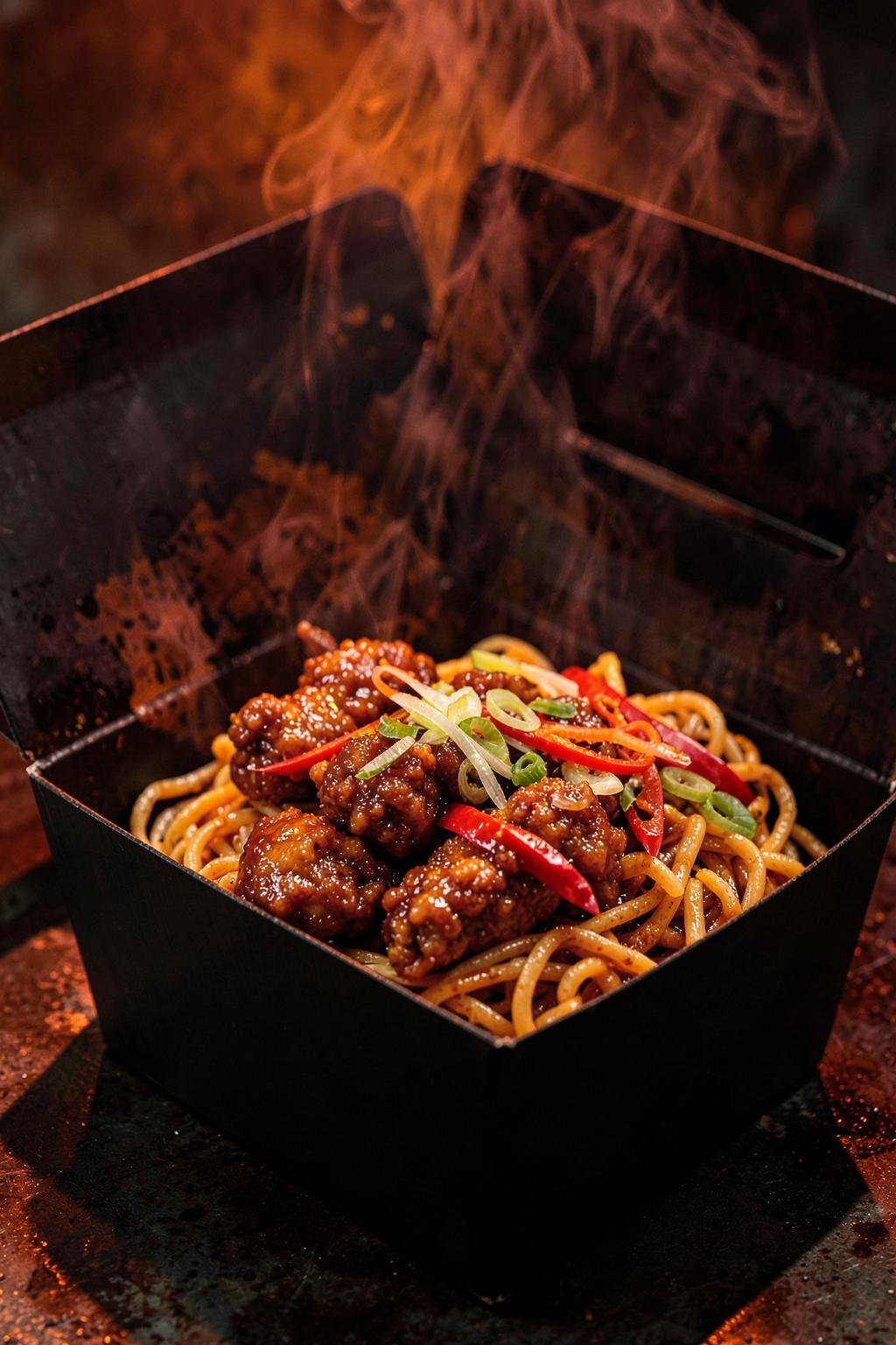Loaded Chinese takeaway box with sticky chicken, chow mein and rising steam