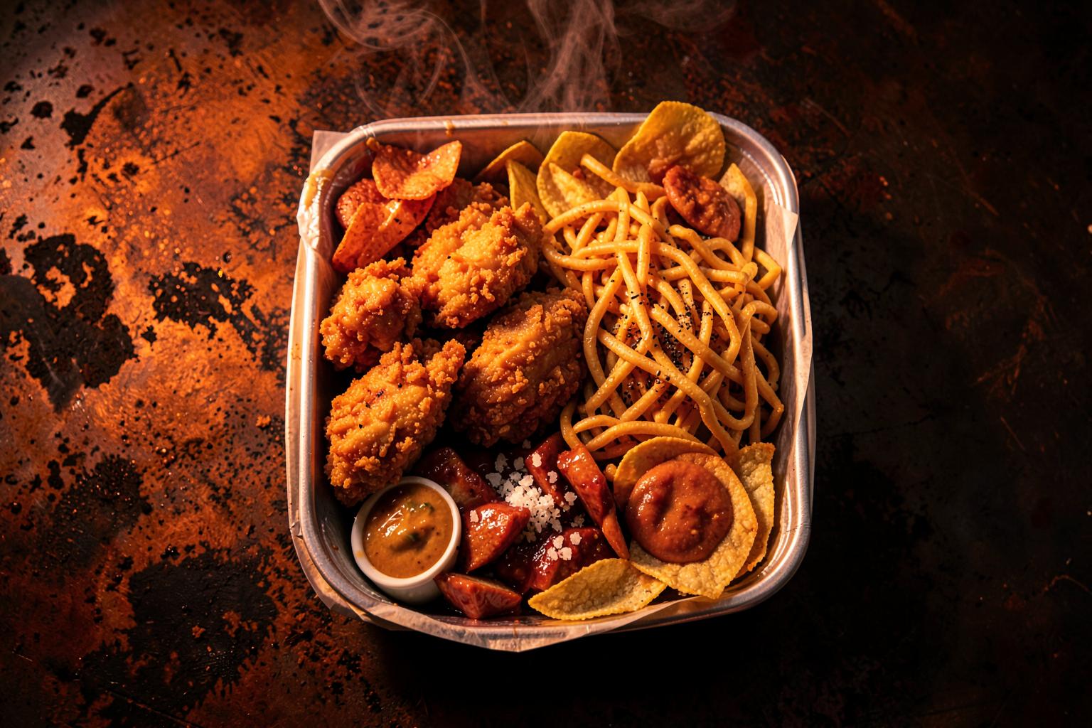 Loaded takeaway Munchbox with crispy chicken, noodles, chips and sauces